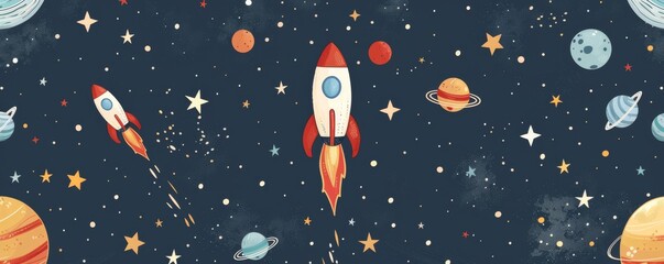 Whimsical space pattern with rockets and planets on dark blue background