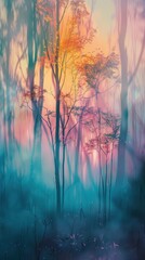 Enchanting dreamy forest with colorful scenery, mist, and tall trees. Vibrant nature landscape with a magical sunrise in a misty woodland.