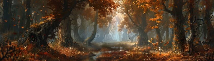 Enchanting autumn forest with sunbeams filtering through colorful fall foliage, creating a magical and serene atmosphere.