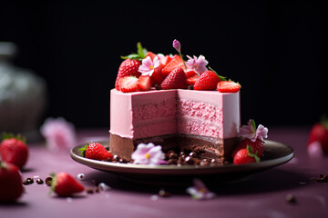 Delicious Slice of Cake with Chocolate Crust, Whipped Cream Center, and Strawberry Topping, A Gourmet Dessert Delight