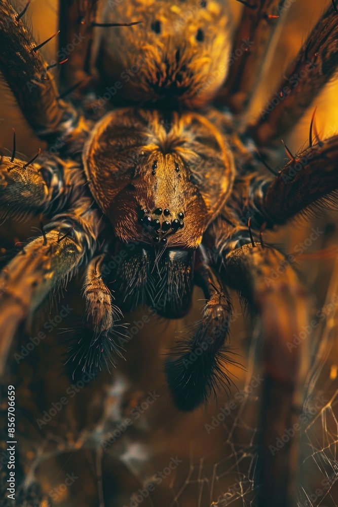 Poster a close-up view of a spider sitting on its web, with intricate details and textures