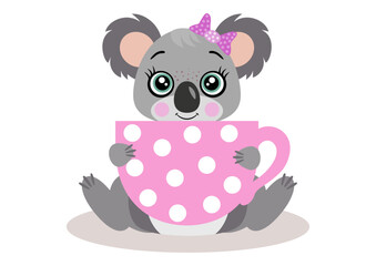 Cute koala holding a big pink cup tea