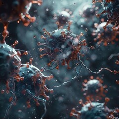 Microscopic view of multiple virus particles in a fluid environment,