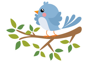 Funny blue bird on branch of tree with green leaves