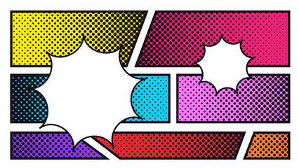 Halftone comic book design template. Colorful panel comic background with blank speech bubble © petrukjowodesign