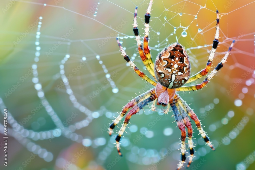 Poster a spider sits at the center of its intricate web, surrounded by delicate threads and waiting for pre