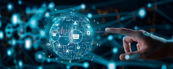 Hand reaching out towards a digital globe with technology icons representing global connectivity and data exchange