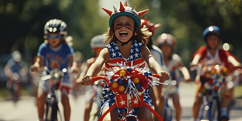 Kids Riding Bikes in Patriotic Parade, Joyful 4th of July Celebration
