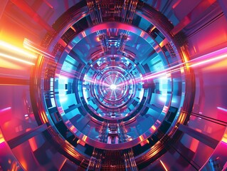 Innovative synchrotron light, future progress, front view, focusing on breakthroughs, cybernetic tone, Triadic color scheme