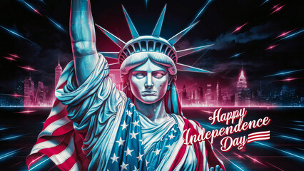 USA Happy Independence Day 4th of July Flyer, banner, poster, greeting card, background. Statue of Liberty with a glowing American flag draped over her & with shimmering neon lights and a city skyline