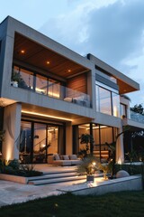 Fototapeta premium A house with multiple windows lit up at night, providing a warm and cozy atmosphere