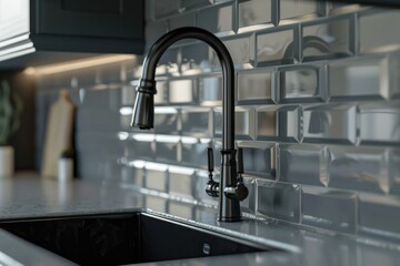A close-up shot of a kitchen sink with a black faucet, perfect for interior design or home decor...