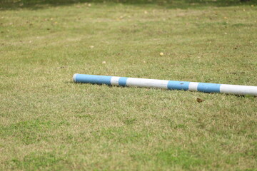  Horse obstacle course outdoors summertime. Poles in the sand for equestrian event