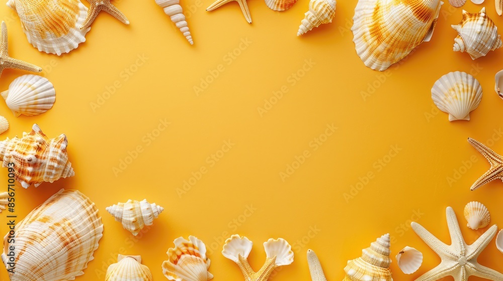 Poster sea shell frame on yellow background flat lay with text space