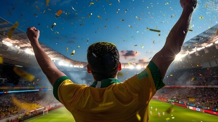 Joyful Soccer Team Celebrating Championship Victory in Packed Stadium