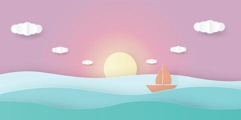 Sea view with sun set sky, floating sailing boat and cloud. Paper art cut out styled. vector illustration