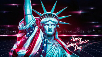 USA Happy Independence Day 4th of July Flyer, banner, poster, greeting card, background. Statue of Liberty with a glowing American flag draped over her & with shimmering neon lights and a city skyline