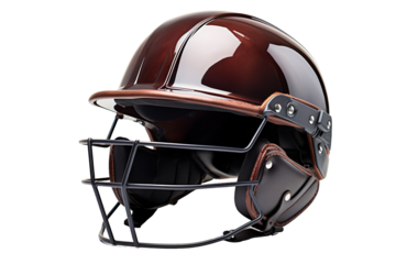 A Copper-toned Cricket Helmet With a Protective Faceguard on a Clear PNG or White Background.