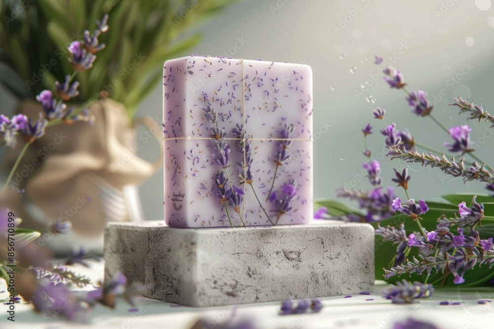 Poster a soap bar sits atop a marble block in a clean and minimalist setting, great for use as a decorative