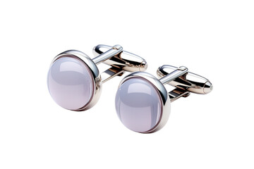 A Pair of Elegant Silver Cufflinks With Opal-Like Stones on a Clear PNG or White Background.