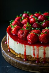 Strawberry Cheesecake: A close-up shot of a classic strawberry cheesecake and fresh strawberry toppings isolated on dark background.