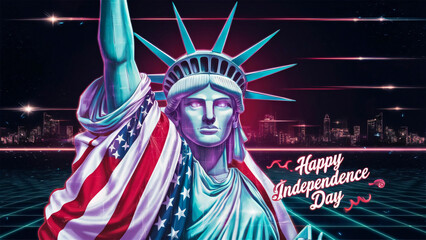 USA Happy Independence Day 4th of July Flyer, banner, poster, greeting card, background. Statue of Liberty with a glowing American flag draped over her & with shimmering neon lights and a city skyline