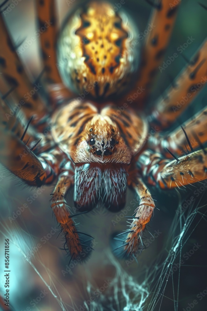 Poster a close up image of a spider sitting on its web, offering a detailed look at the spider's features a