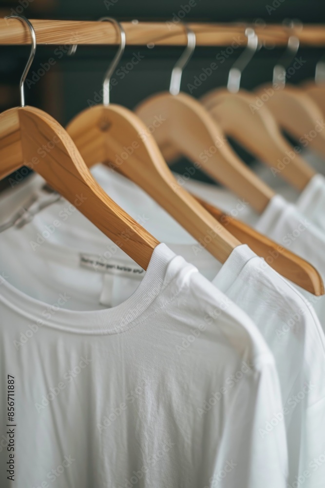 Wall mural Row of white t-shirts hung on wooden hangers, perfect for fashion or lifestyle photography