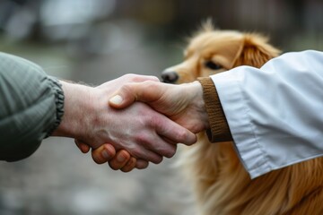 A close-up photograph capturing a veterinarian shaking hands with a dog owner, highlighting the professional and caring interaction