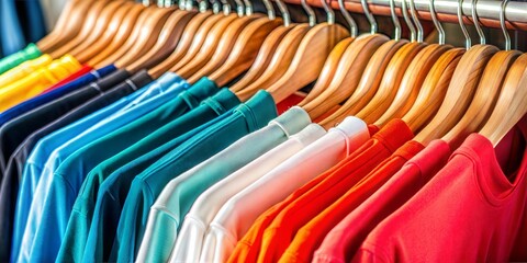Fototapeta premium A close-up view of a row of colorful shirts hanging on a rack in a retail clothing store.