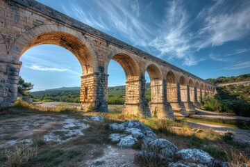 Obraz premium A stone bridge spanning a river with a clear blue sky in the background