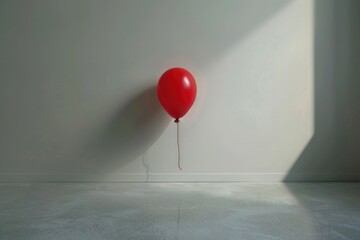 A red balloon is stuck to a white wall with string or thread
