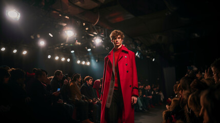 Model man in coat walking in catwalk fashion show