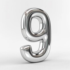a shiny chrome number 9 on a white background, ideal for use in design projects and numeric displays.