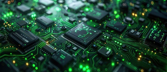 Fototapeta premium Green Circuit Board with Glowing Chips.
