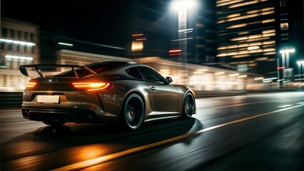 A sleek electric sports car races through a city street at night, its sharp lines and modern design illuminated by the glow of streetlights and urban neon. 