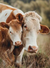 A close-up of a mother cow and her calf nuzzling, showcasing the tender bond and love between them in a serene field.
