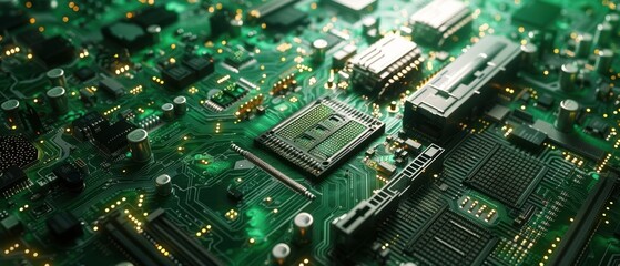 Obraz premium Close-up of a Green Circuit Board with a Processor.