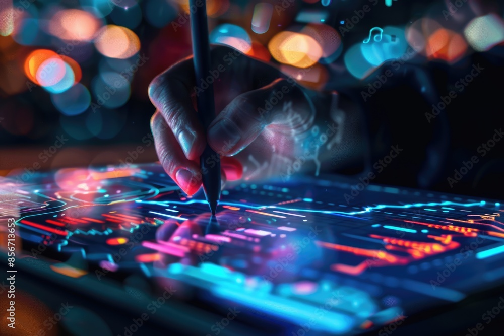 Poster a person draws on a glowing surface using a pen, creating unique digital art