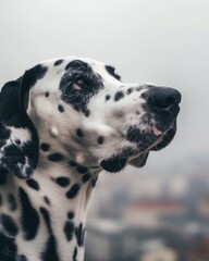 A close-up portrait of a Dalmatian dog with a focused expression, capturing the distinct spots and soulful eyes.