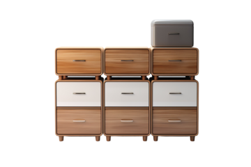 A Stacked Symphony of Wooden Drawers and a Grey Top Box on a Clear PNG or White Background.
