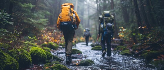 Hikers Crossing a Stream in a Lush Forest.