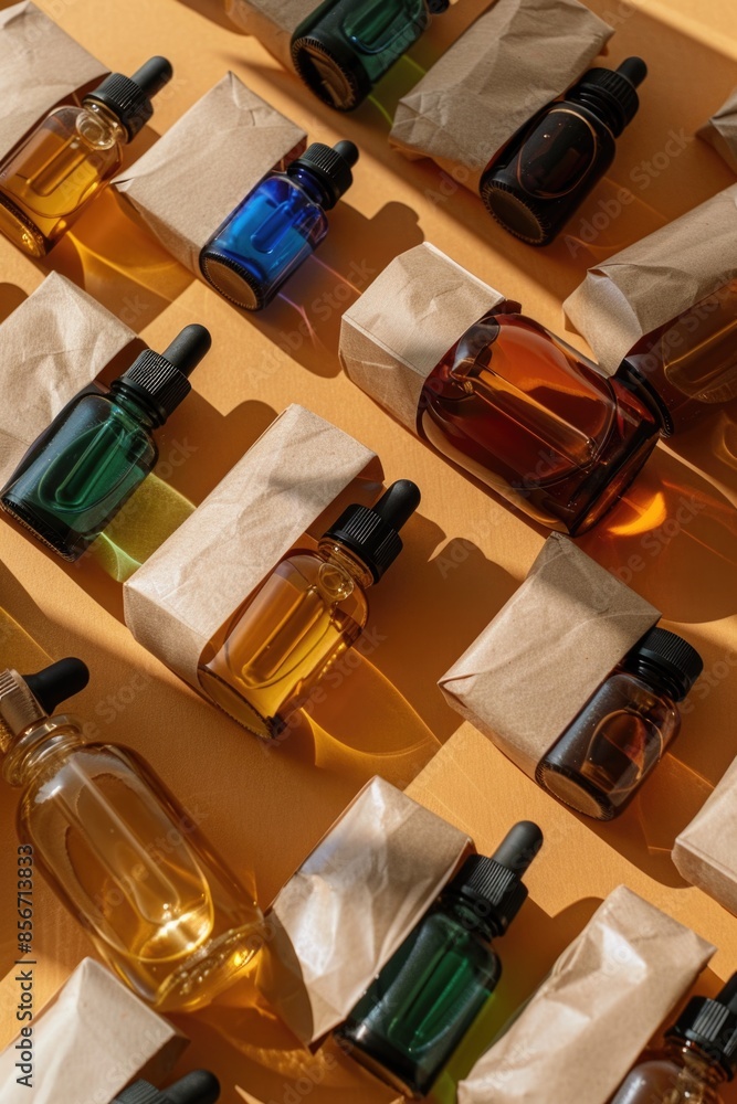 Poster several bottles of different perfumes arranged on a table