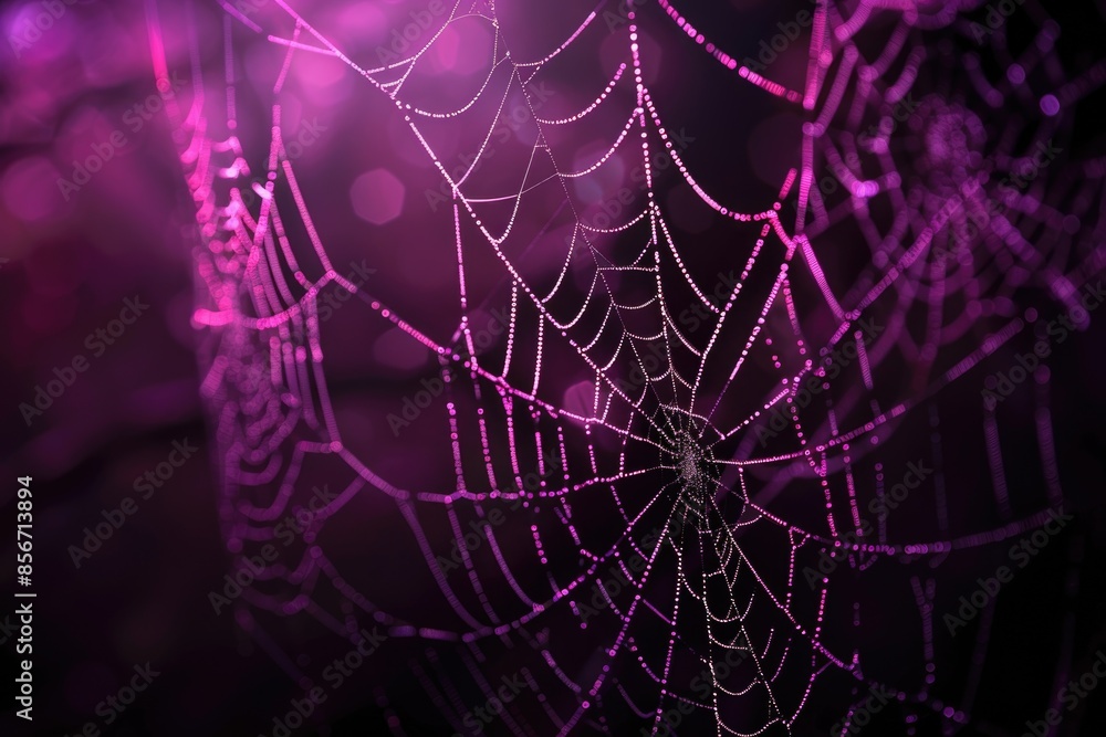 Poster a close-up shot of a spider web covered in tiny water droplets, creating a unique and delicate patte