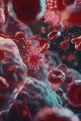 Microscopic view of red and white blood cells, with platelets and plasma in the background