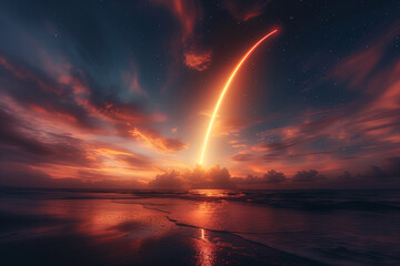 A rocket launches from a launchpad on a beach at sunset. The sky is ablaze with orange, pink, and purple hues