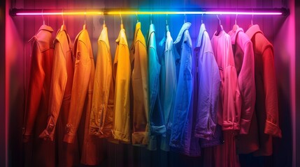 Neon-lit clothes rack with a rainbow spectrum of garments, each piece radiating color, energetic and vibrant, raw texture