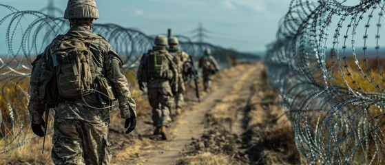 Soldiers walking past barbed wire fence.