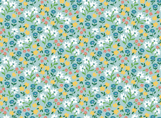 Obraz premium Seamless ditsy floral pattern. Cute garden flowers and leaves colorful pattern. Small blue, purple and orange flowers. Dark blue background. Ditsy print. Liberty template for fashion prints.