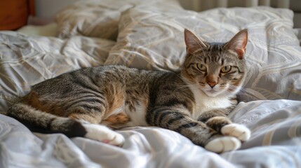 Multicolored domestic cat on bed gazing at camera